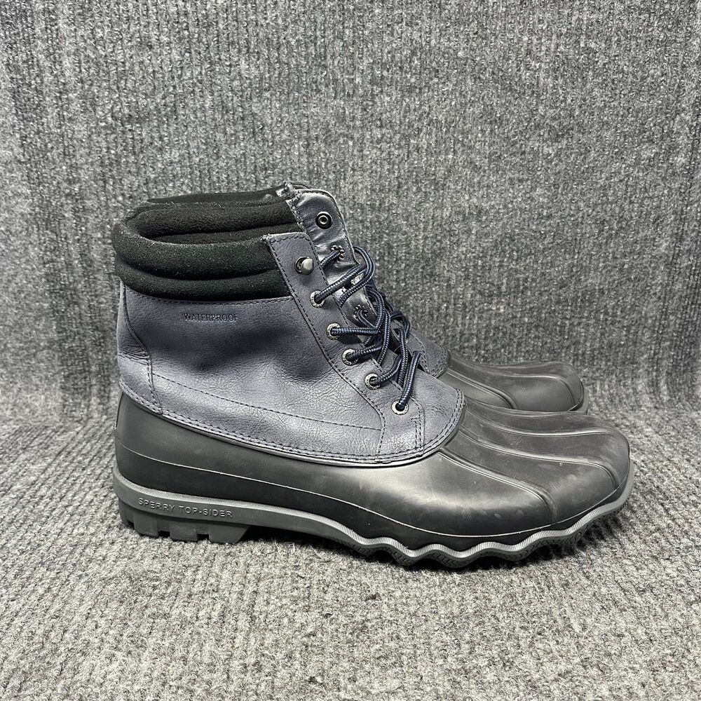 Sperry Avenue Duck Boots Black Navy Blue Leather Waterproof Mens 12